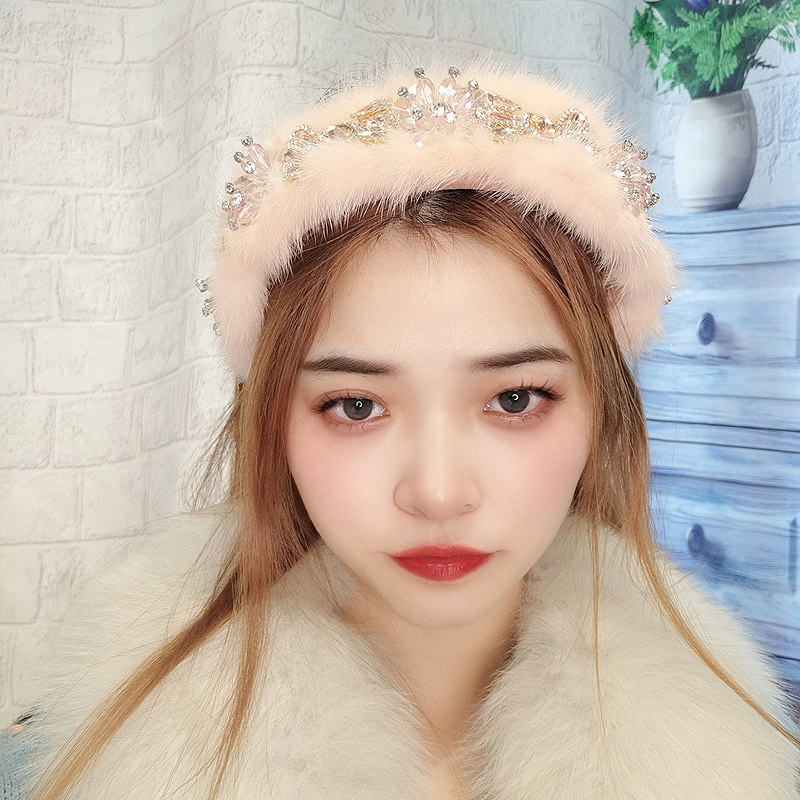 水钻粉色貂毛发箍女甜妹发饰