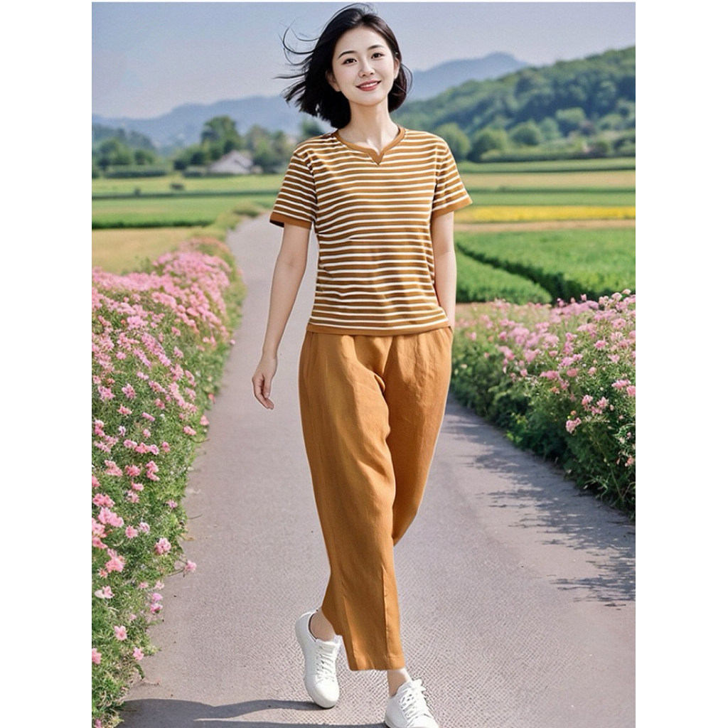 素素素雅订制女装原创品牌新款百搭休闲条纹T恤松紧腰九分裤套装