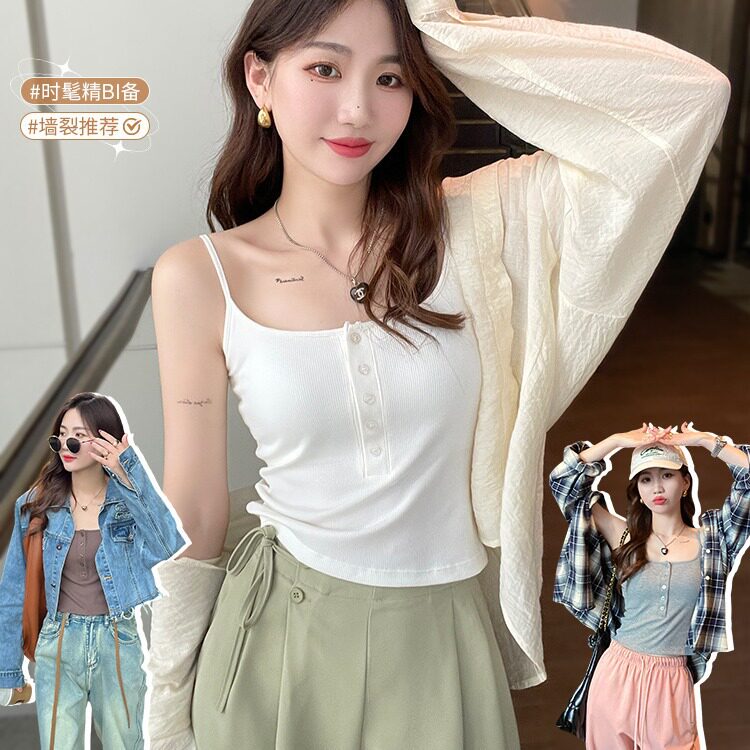 纯欲纽扣小吊带美背带胸垫背心螺纹裹胸修身显瘦外穿打底短款上衣