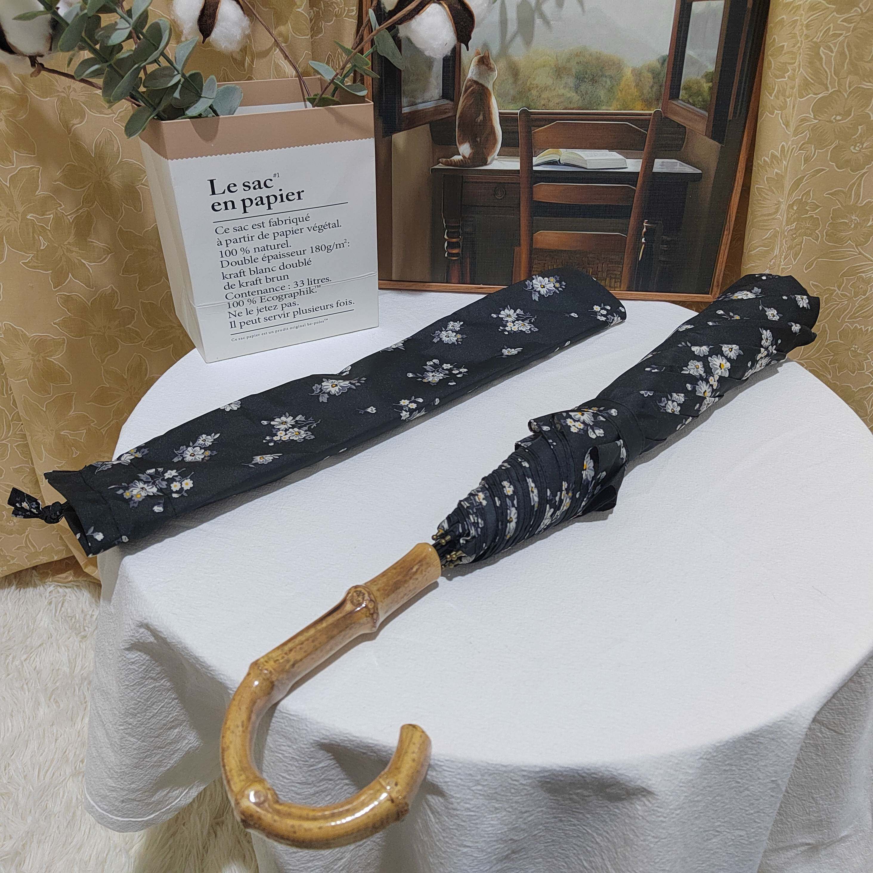 日单捡漏~uv小碎花二折弯钩大伞面竹柄气质公主伞优雅简约晴雨伞