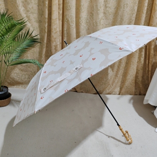 浅色小香风气质半自动素雅花色直骨长柄晴雨伞无黑胶公主天然竹柄