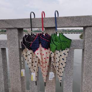 新品 三色圆点可爱直骨长柄晴雨伞 无黑胶防紫外线外贸小清新雨伞