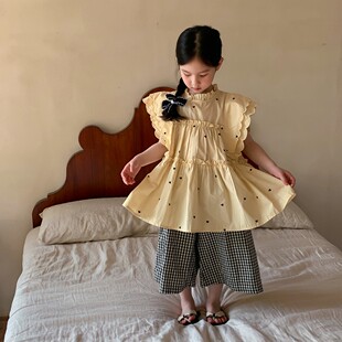 米素童装2023春夏款女童韩版木耳边娃娃衫套装儿童森系裙衫两件套