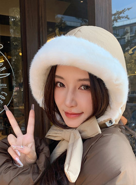 韩版新款加绒女冬季保暖护耳时尚骑行户外绑带包包两用东北雷锋帽