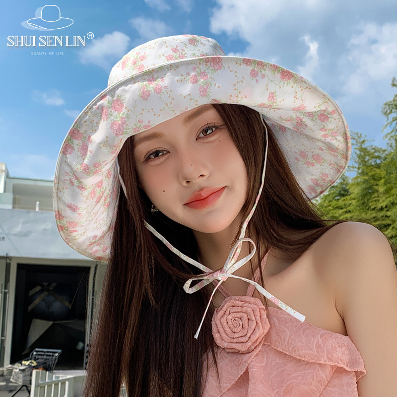 甜美碎花荷叶边贝壳绑带防晒渔夫帽女春夏大帽檐百搭显脸小遮阳帽