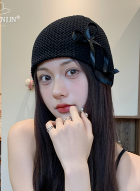 韩版小众设计黑色镂空蝴蝶结针织冷帽女百搭弹力包头帽辣妹堆堆帽