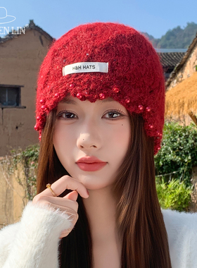 红色针织帽子女手工编织护耳时尚