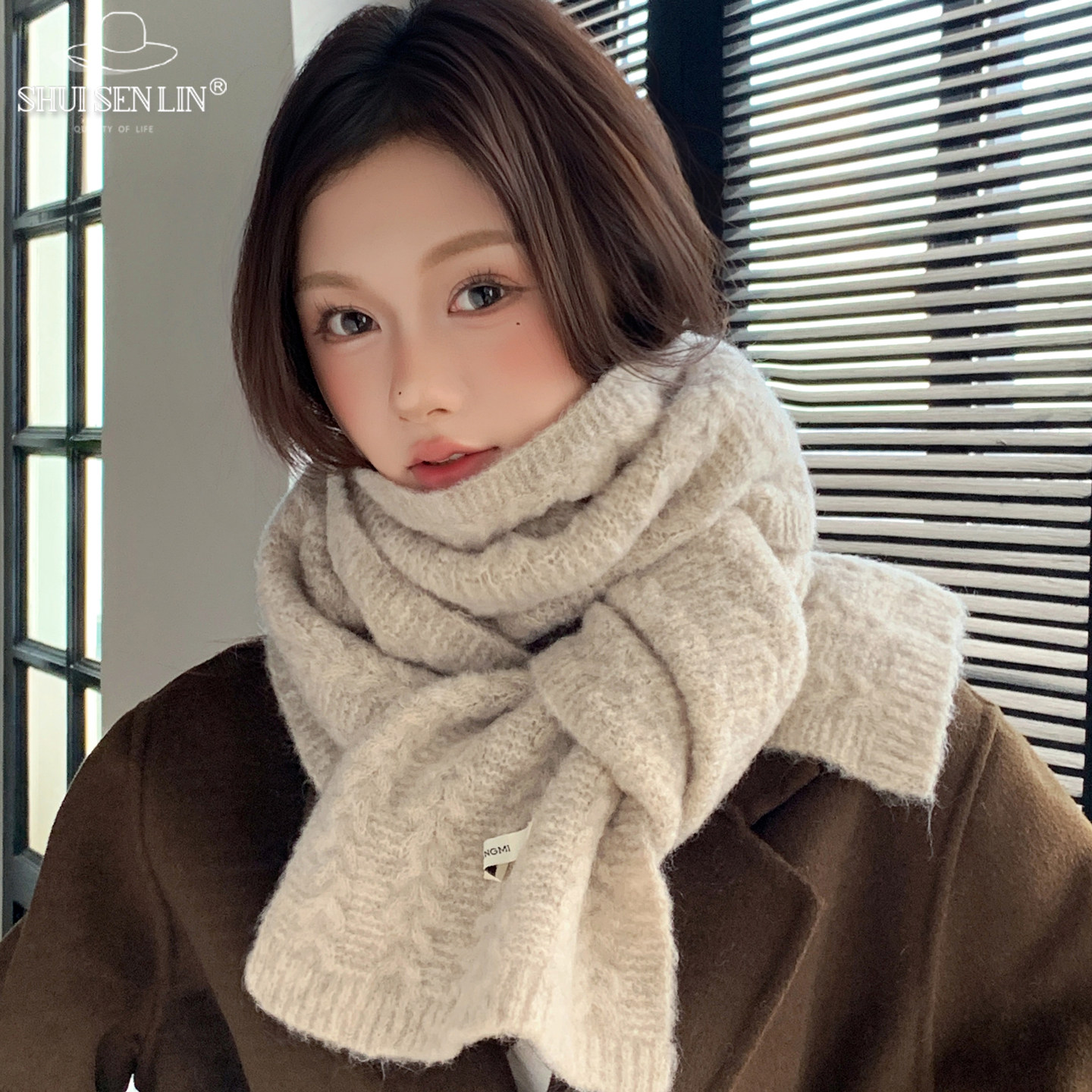 麻花针织保暖围巾女秋冬季简约氛围感百搭防寒情侣围脖高级感学生