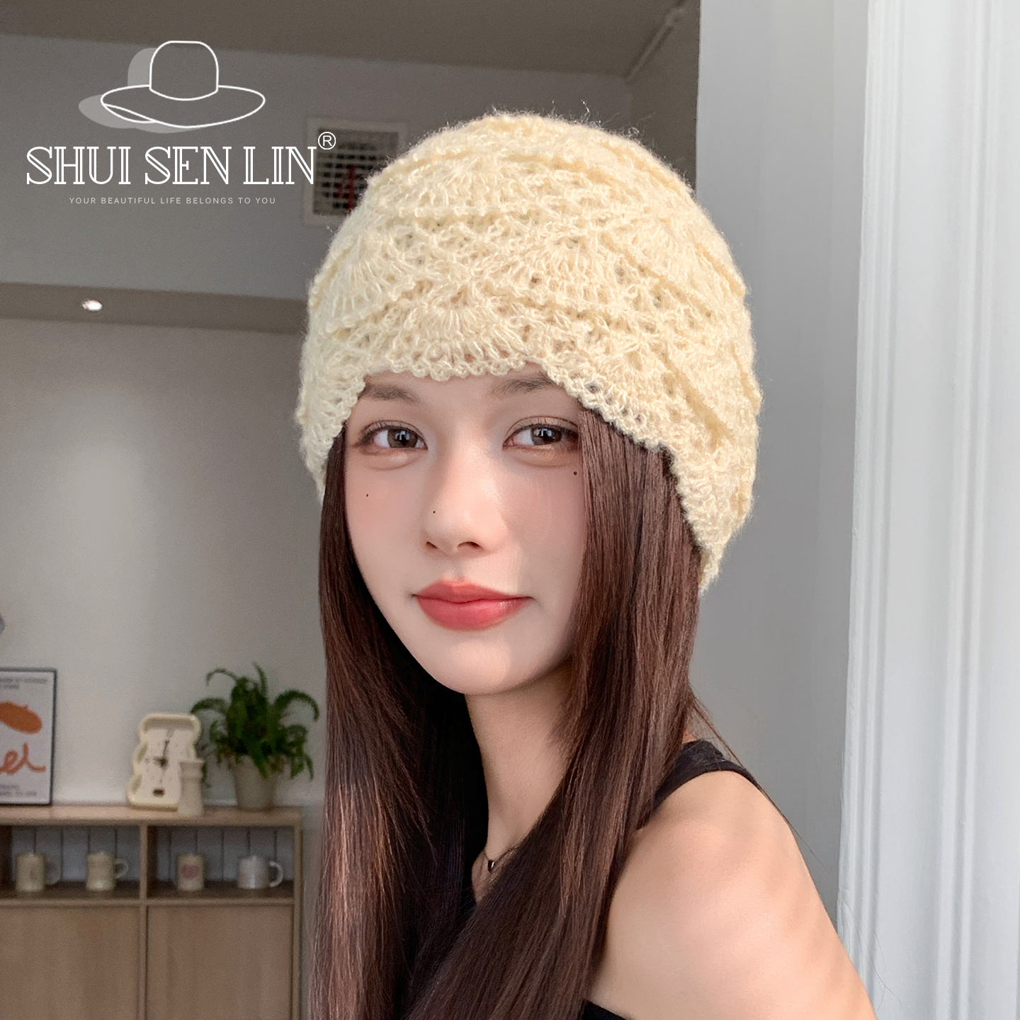 包头帽钩花针织帽子纯手工套头帽