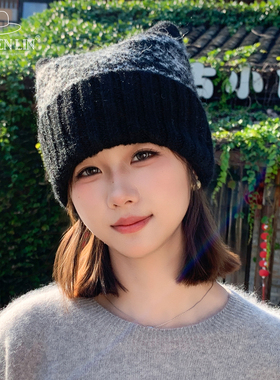 甜美可爱猫耳针织毛线帽女秋冬费尔岛风显脸小百搭保暖护耳包头帽