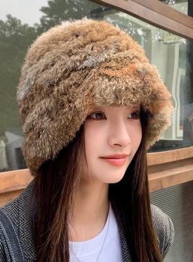 氛围感显脸小毛茸茸皮草针织兔毛帽女秋冬云朵渔夫帽保暖护耳盆帽