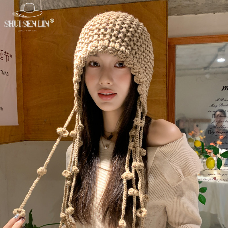 纯手工编织新款秋冬流苏钩花针织帽女镂空凹造型护耳小众毛线帽潮,服饰配件/皮带/帽子/围巾,帽子,淘宝优惠券,粉丝福利购,淘宝优惠卷