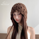 手工钩织花朵包头毛线帽子女秋冬季 百搭堆堆帽保暖针织帽护耳 时尚
