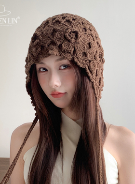 手工钩织花朵包头毛线帽子女秋冬季时尚百搭堆堆帽保暖针织帽护耳