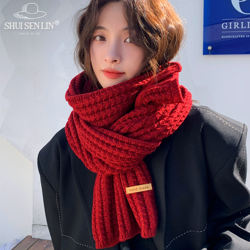 红色围巾2025新款秋冬季女韩版毛线围巾生日礼物圣诞新年学生围脖