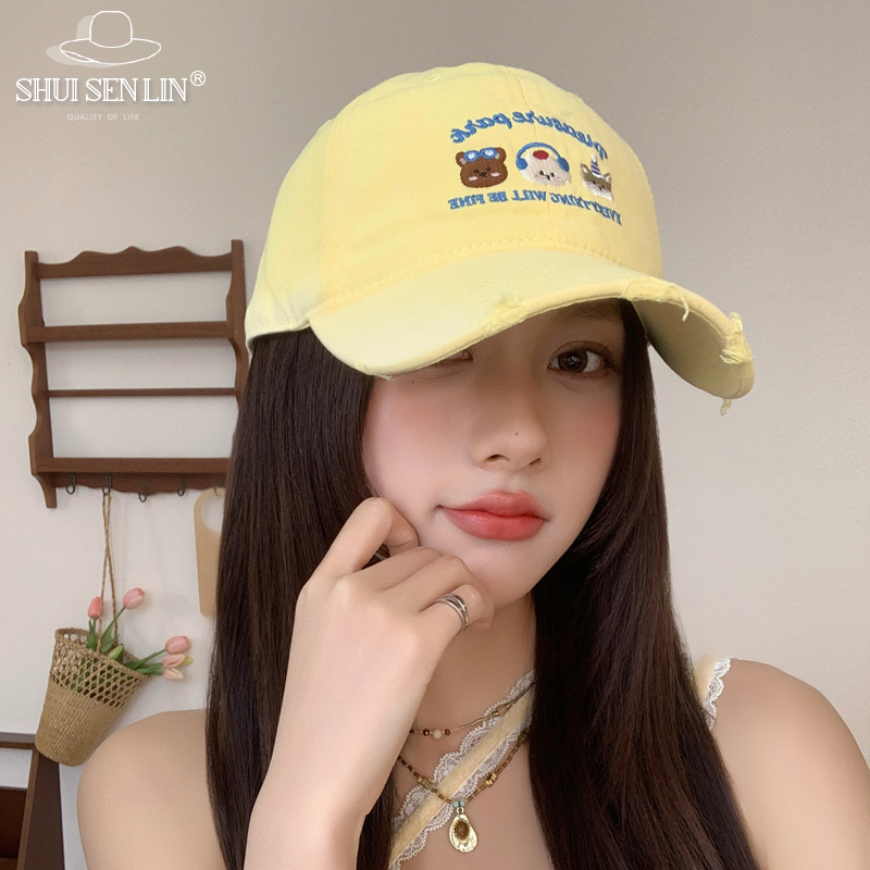 奶黄色刺绣卡通小狗棒球帽2025新款鸭舌帽女春夏天宽檐大头围帽子
