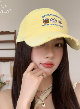 奶黄色刺绣卡通小狗棒球帽2025新款鸭舌帽女春夏天宽檐大头围帽子