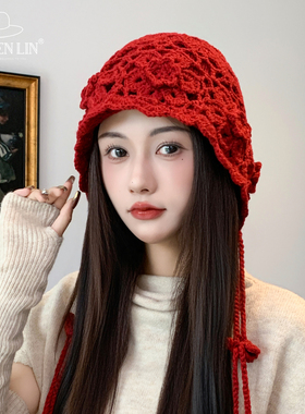 手工钩织红色包头帽女秋冬新款立体花朵保暖针织帽时尚百搭套头帽
