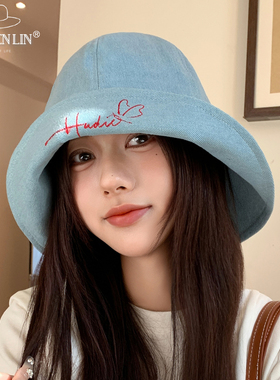 日系字母翻边做旧牛仔渔夫帽春夏女大檐帽遮阳帽显脸小时尚防晒帽