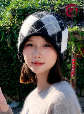 复古格纹堆堆帽子女秋冬保暖显脸小套头针织帽慵懒风百搭套头帽潮