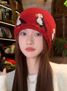 韩系费尔岛提花针织毛线帽女秋冬保暖红色显脸小护耳防寒套头帽子