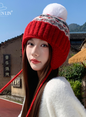 红色毛线帽子女秋冬复古提花雷锋帽加厚保暖护耳显脸小百搭包头帽