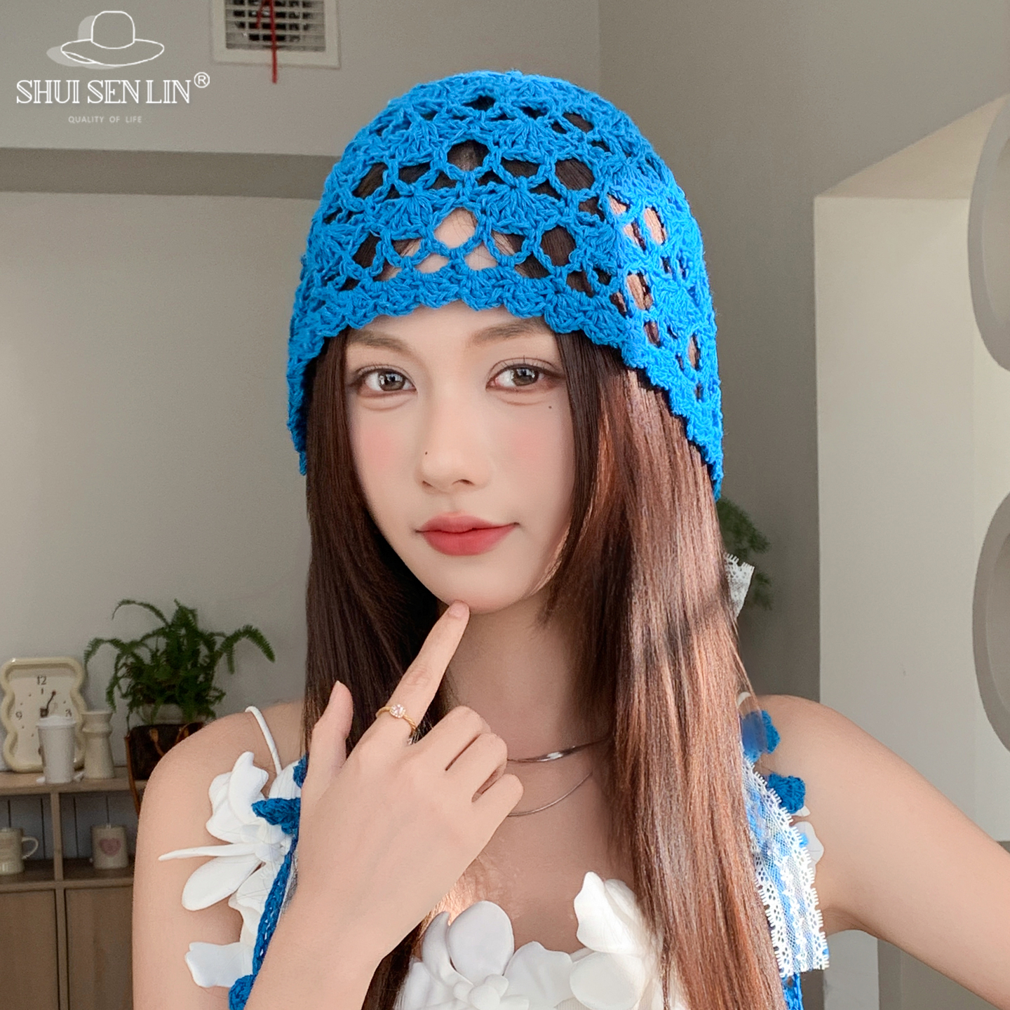 针织镂空薄款手工编织包头帽子女春夏蕾丝流苏透气百搭套头帽冷帽