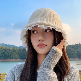 韩系蕾丝花边渔夫帽女秋冬季 甜美显脸小针织毛线保暖盆帽 百搭时尚