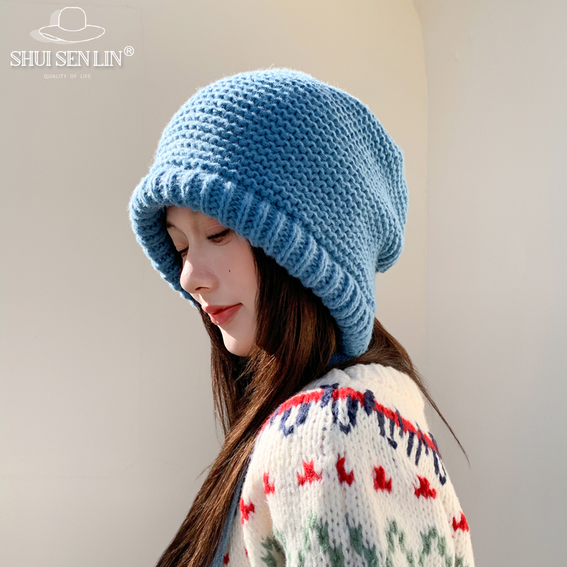 韩系纯色巴拉克拉法针织帽子百搭秋冬季女新款保暖护耳绑带毛线帽