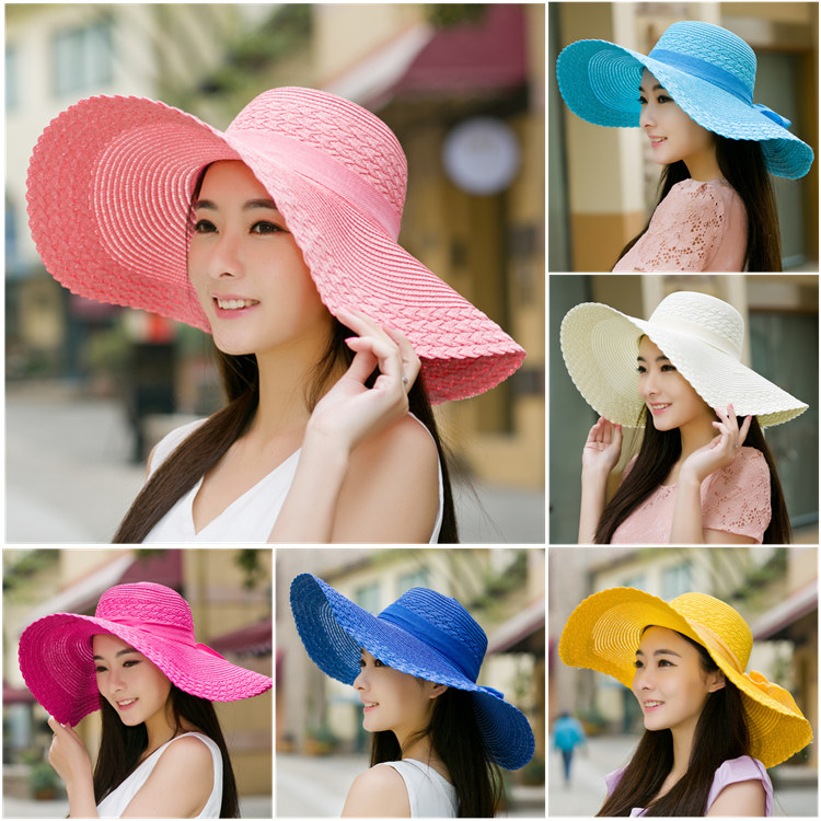 帽子女士夏季韩国潮大草帽可折叠夏天沙滩帽太阳帽防晒大沿遮阳帽