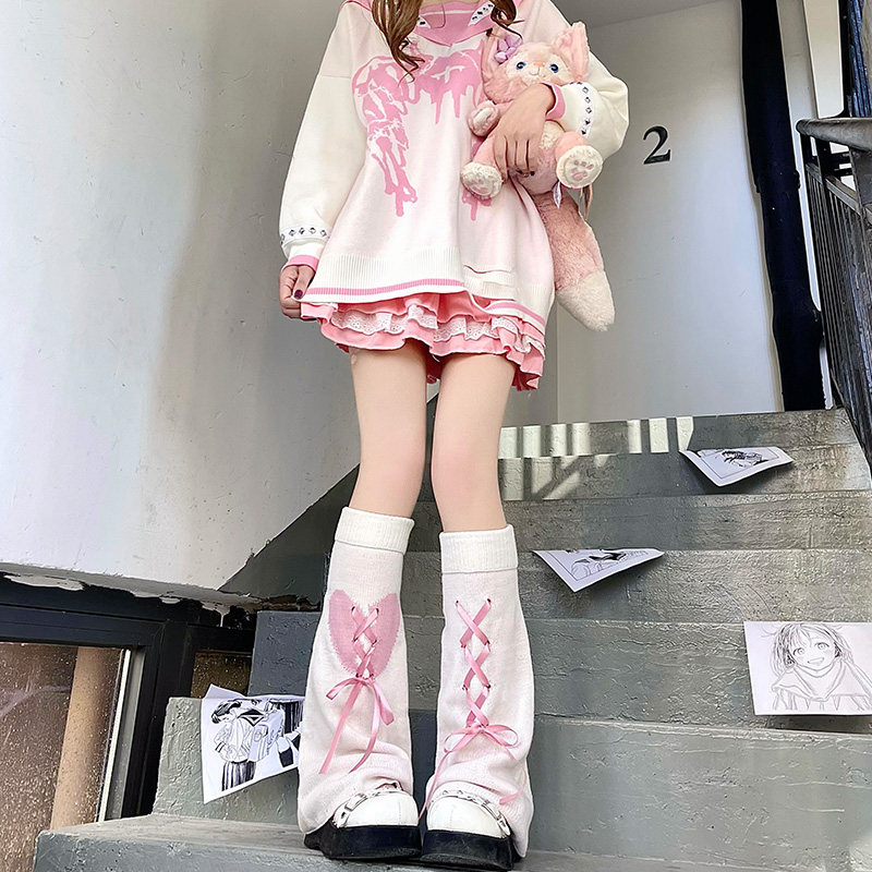 爱心lolita甜美针织腿套秋冬亚文化小腿可爱绑带jk辣妹堆堆袜套女
