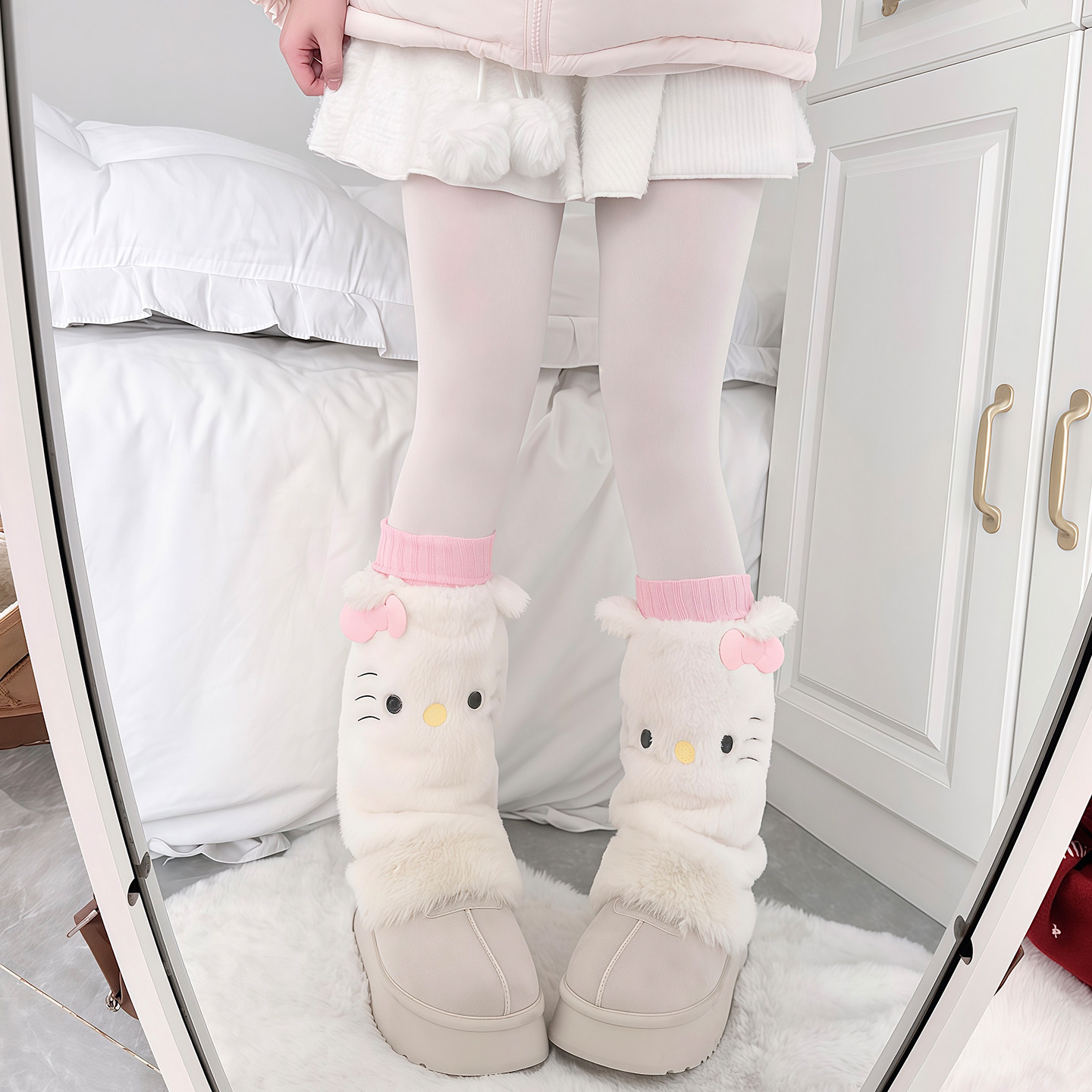 日系可爱Kitty叠穿粉袜套秋冬毛绒保暖甜美堆堆显瘦卡通毛毛腿套,女士内衣/男士内衣/家居服,中筒袜,淘宝优惠券,粉丝福利购,淘宝优惠卷