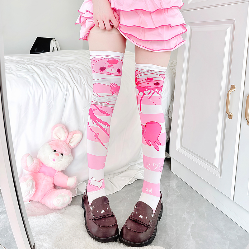 暴力熊印花日系暗黑天鹅绒过膝袜