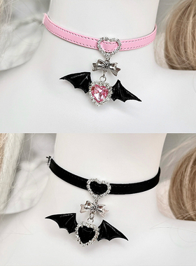 暗黑皮质项圈爱心水钻项链