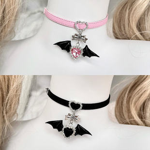 暗黑皮质项圈量产型爱心水钻天使翅膀恶魔蝴蝶结亚文化项链