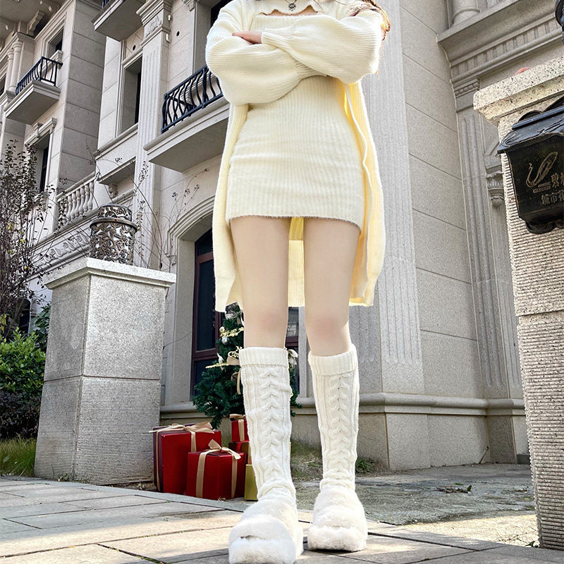 秋冬保暖麻花粗针织腿套踩脚中筒袜女圣诞靴套过膝毛线复古居家潮
