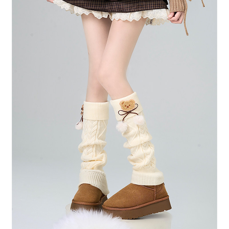 日系Lolita萌小熊袜套秋冬奶白小腿jk针织蝴蝶结毛球堆堆配靴腿套,女士内衣/男士内衣/家居服,中筒袜,淘宝优惠券,粉丝福利购,淘宝优惠卷