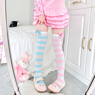 mp复刻钢琴兔过膝袜日系二次元蓝粉条纹萌lolita女儿服天鹅绒长袜