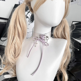 亚文化透明项圈紫色朋克交叉绑带颈饰朋克十字架量产植绒蝴蝶结