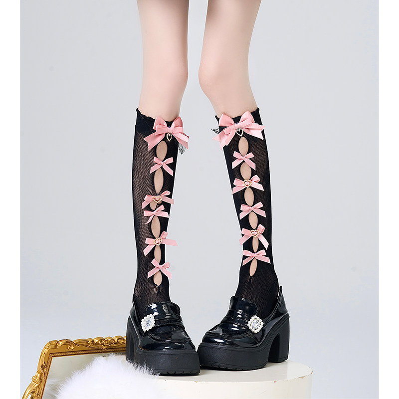 日系镂空蝴蝶结蕾丝量产型亚文化爱心黑粉过膝中筒袜女洛丽塔少女,女士内衣/男士内衣/家居服,中筒袜,淘宝优惠券,粉丝福利购,淘宝优惠卷