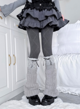 秋冬miu系叠穿蝴蝶结波点袜y2k针织袜套亚比辣妹灰色毛绒堆堆腿套