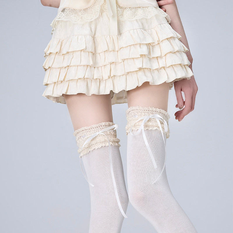 Lolita蕾丝纯欲花边长筒过膝袜子芭蕾风蝴蝶结丝带显瘦大腿袜女