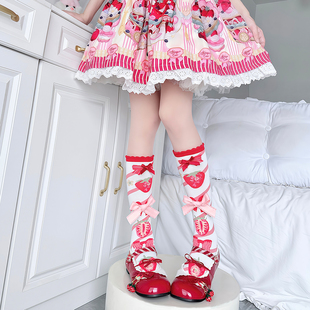 古董草莓墙Lolita蝴蝶结女中筒袜日系波点lolita花边袜doll感蛋糕