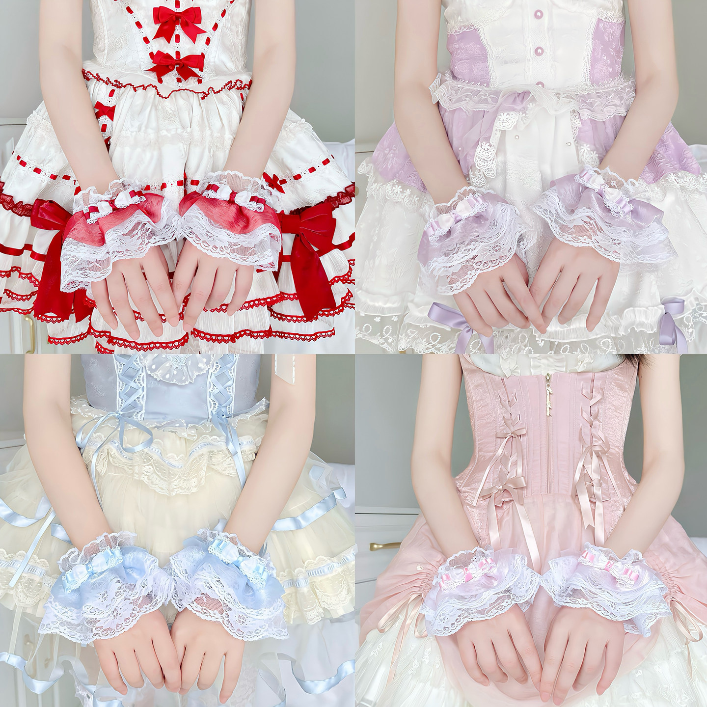 Lolita手作多色蕾丝花边蝴蝶结花朵袖套少女粉cos蓝紫洛丽塔手环