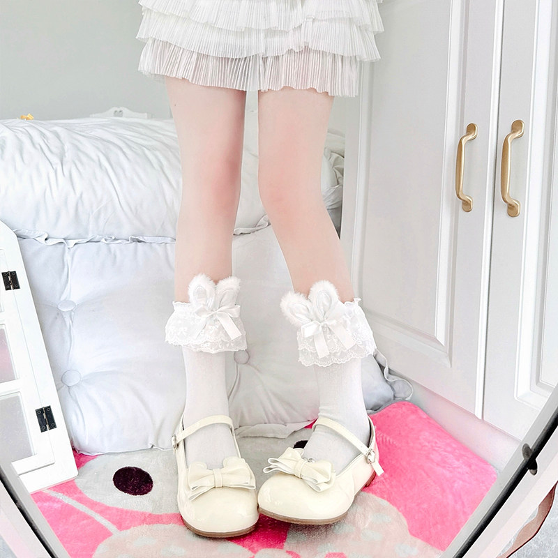 白色可爱lolita立体兔耳朵袜子女夏纯棉蕾丝花边中筒袜洛丽塔少女,女士内衣/男士内衣/家居服,中筒袜,淘宝优惠券,粉丝福利购,淘宝优惠卷