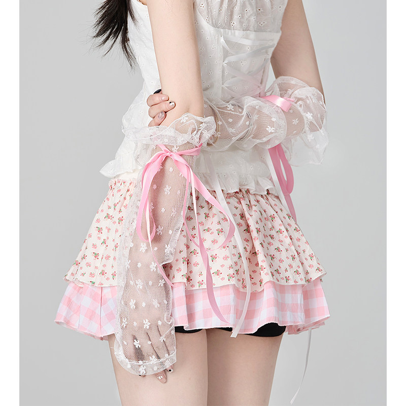 少女粉Lolita蝴蝶结防晒纱网袖套甜妹碎花蕾丝丝带手袖装饰手套夏
