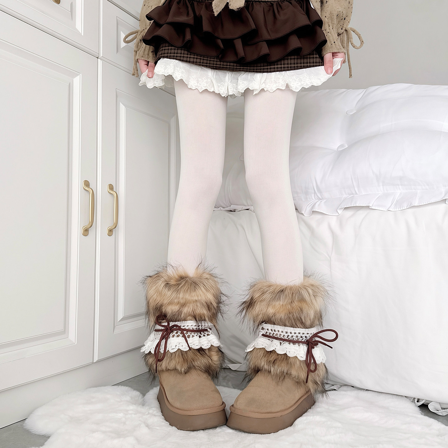 美拉德棕色复古雪地腿套两穿费尔岛毛毛花边系带蝴蝶结加绒袜套女,女士内衣/男士内衣/家居服,中筒袜,淘宝优惠券,粉丝福利购,淘宝优惠卷