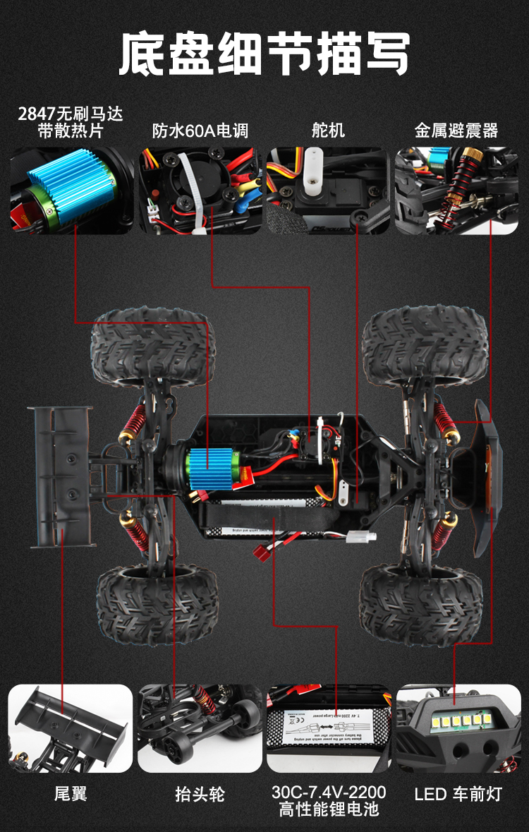 XLF RC专业1比10大脚车金属无刷遥控车防水90KM高速四驱车模成人