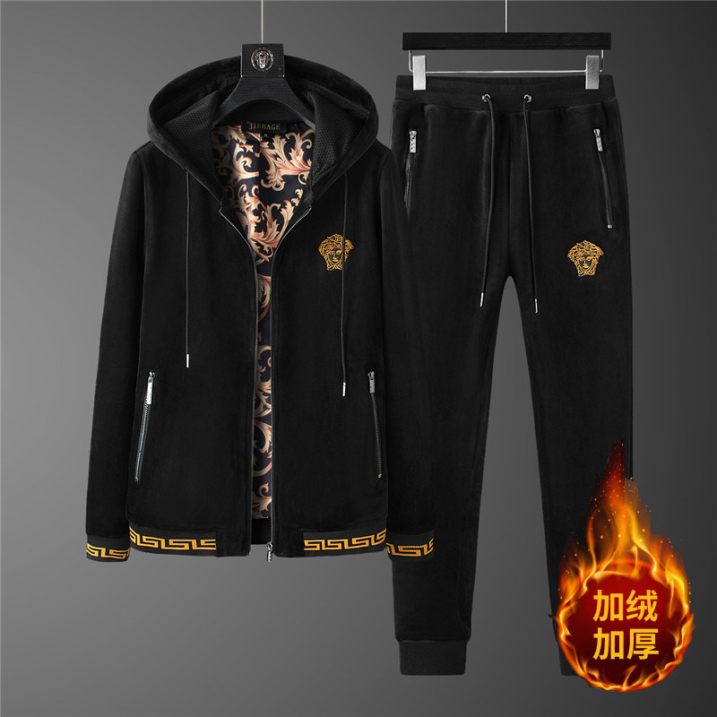 加绒加厚套装男冬季连帽外套黑色长裤休闲运动服男装丝绒一整套潮