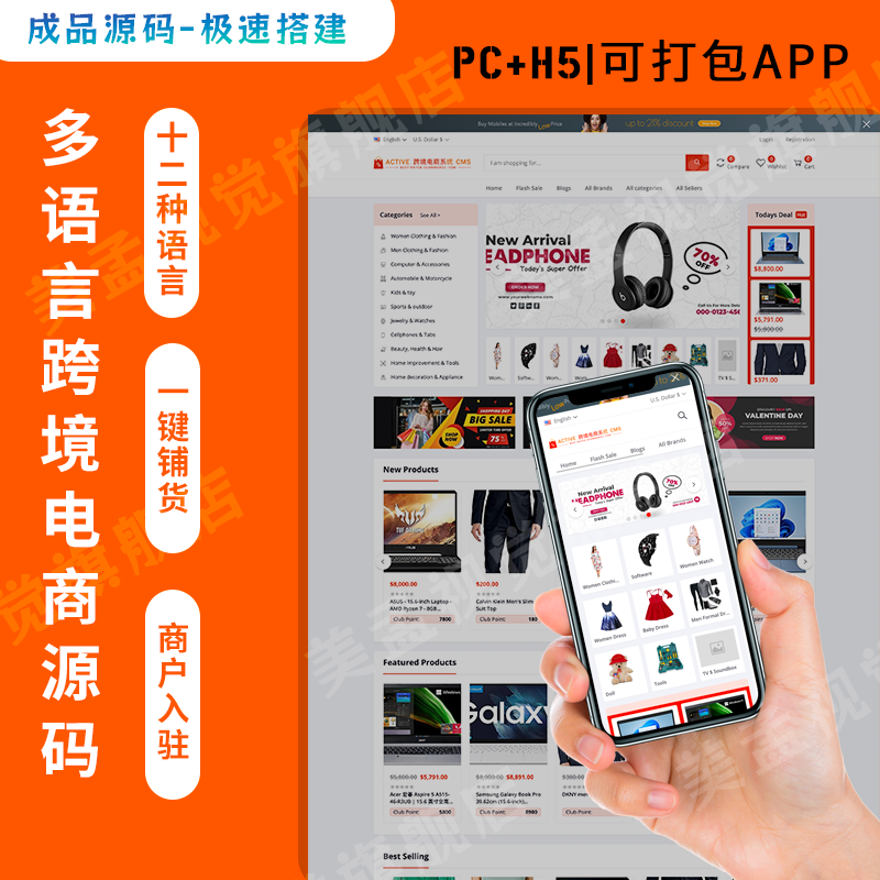 多语言跨境电商源码英文外贸网站系统搭建b2b2c多商户商城开发